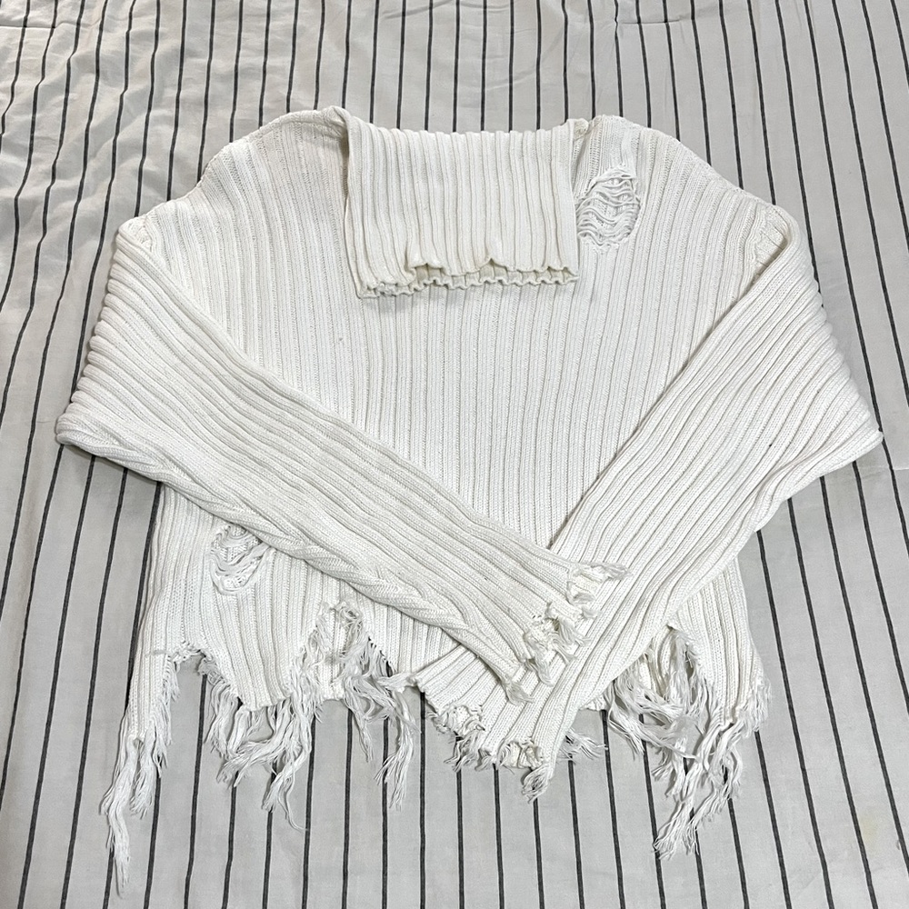 White Distressed Turtle Neck Sweater